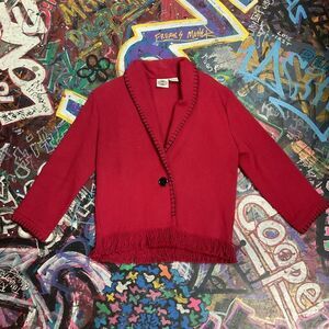 Vintage 90s Rod’s Red Cotton Fringe Cardigan with Black Stitch Trim - Size Small
